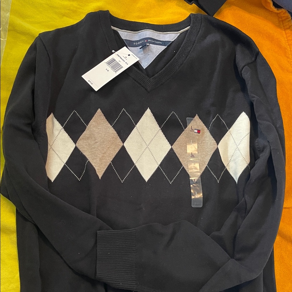 Tommy Hilfiger Men's V-Neck Argyle Sweater - Black, Cream, Tan